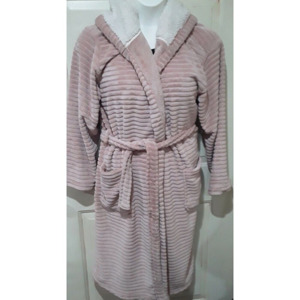World Market Womens Pink Belted, Hooded. Pink Soft Velour Robe One Size